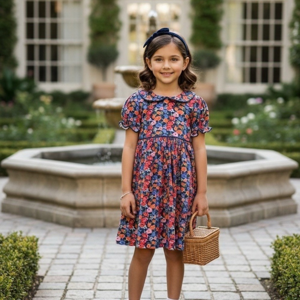 Swoon Kids Dress Girls Size 6 Navy Floral Fit &‎ Flare Peter Pan Collar